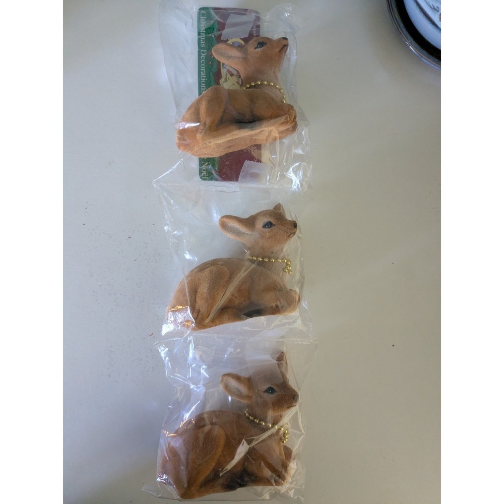 Vintage Flocked Deer Christmas Decorations Set of 3 Reindeer Doe NOS - Picture 2 of 5